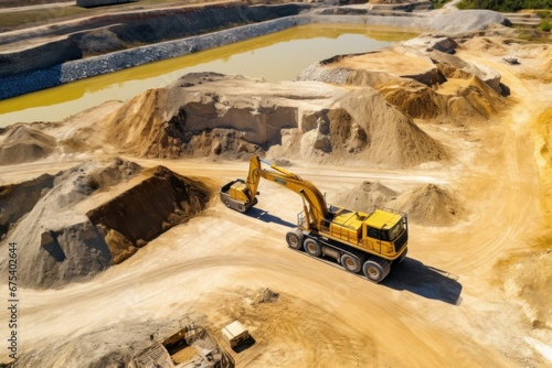 Industry, top view, colored excavator loading sand into truck on gravel quarry.