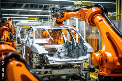 Automobile factory: Automated robot arm production line for high electric vehicle production, building automation in construction. © ORG