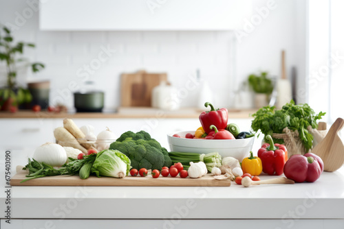 Organically grown fresh vegetables are on a cutting board on a white table in the kitchen for making a dish of vegetable salad. Concept for happy home and happy family health.