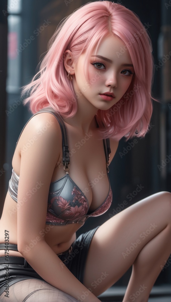 A beautiful girl with pink hair and an enchanting gaze. A beautiful girl with pink hair and an enchanting gaze.