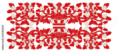 Red white symmetrical pattern flowers. Abstract design art graphics. Wallpaper texture decoration. Gorgeous intricate repeating seamless tiles.