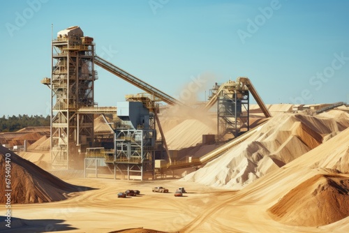 Sand mining factory, industrial plant with open pit mine with industrial excavator on construction site.
