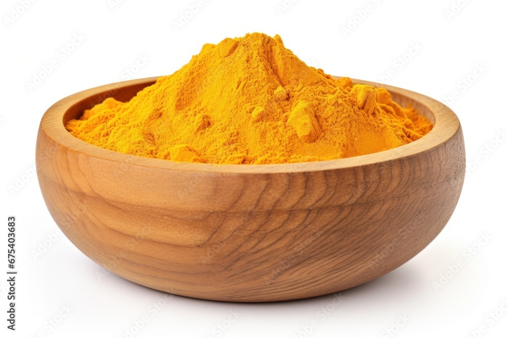 Turmeric powder in wooden bowl isolated Turmeric powder in wooden bowl isolated