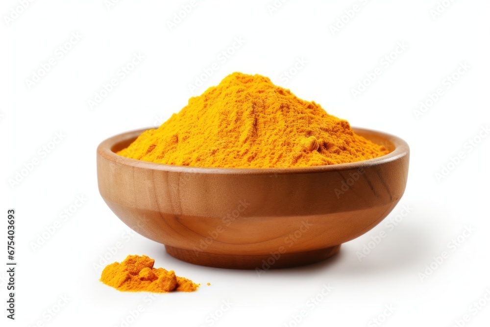 Turmeric powder in wooden bowl isolated Turmeric powder in wooden bowl isolated