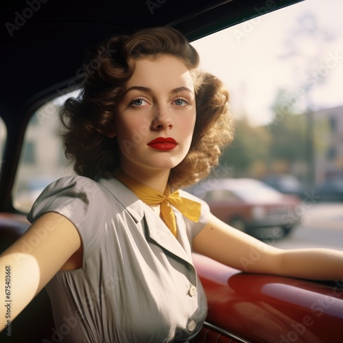 1950's young woman in the back of a car. 