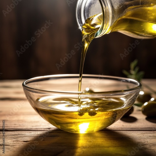 Pour olive oil into a glass bowl.