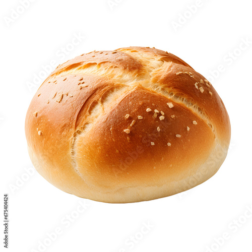 Freshly baked burger bun with sesame seeds, isolated on a transparent background.