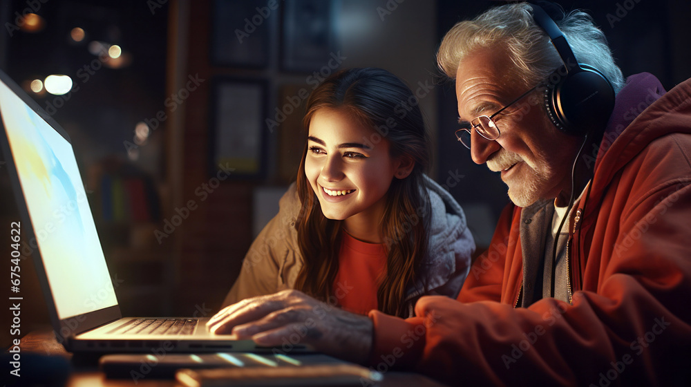 granddaughter teaching grandfather how to use computer - obrazy, fototapety, plakaty 
