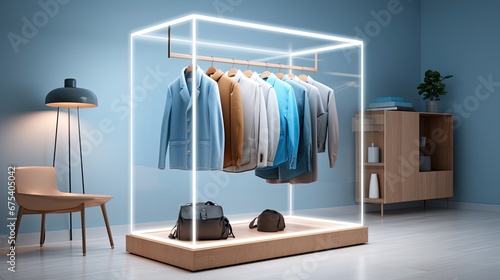 Clothes store or showroom with clothes hanging on a showcase