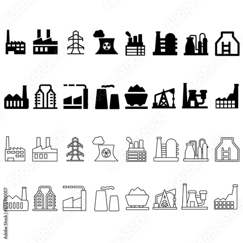 Industrial factories vector icons set. Factory icon illustration collection. Industry power, chemical manufacturing building warehouse nuclear energy plant. 