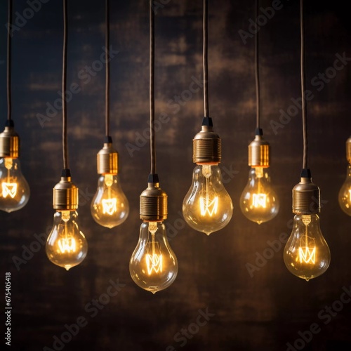 A vintage edison light bulb hangs with other light bulbs in a room with copy space , AI generator