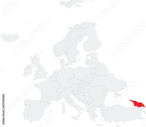 Red CMYK national map of GEORGIA inside gray blank political map of European continent on transparent background using Robinson projection