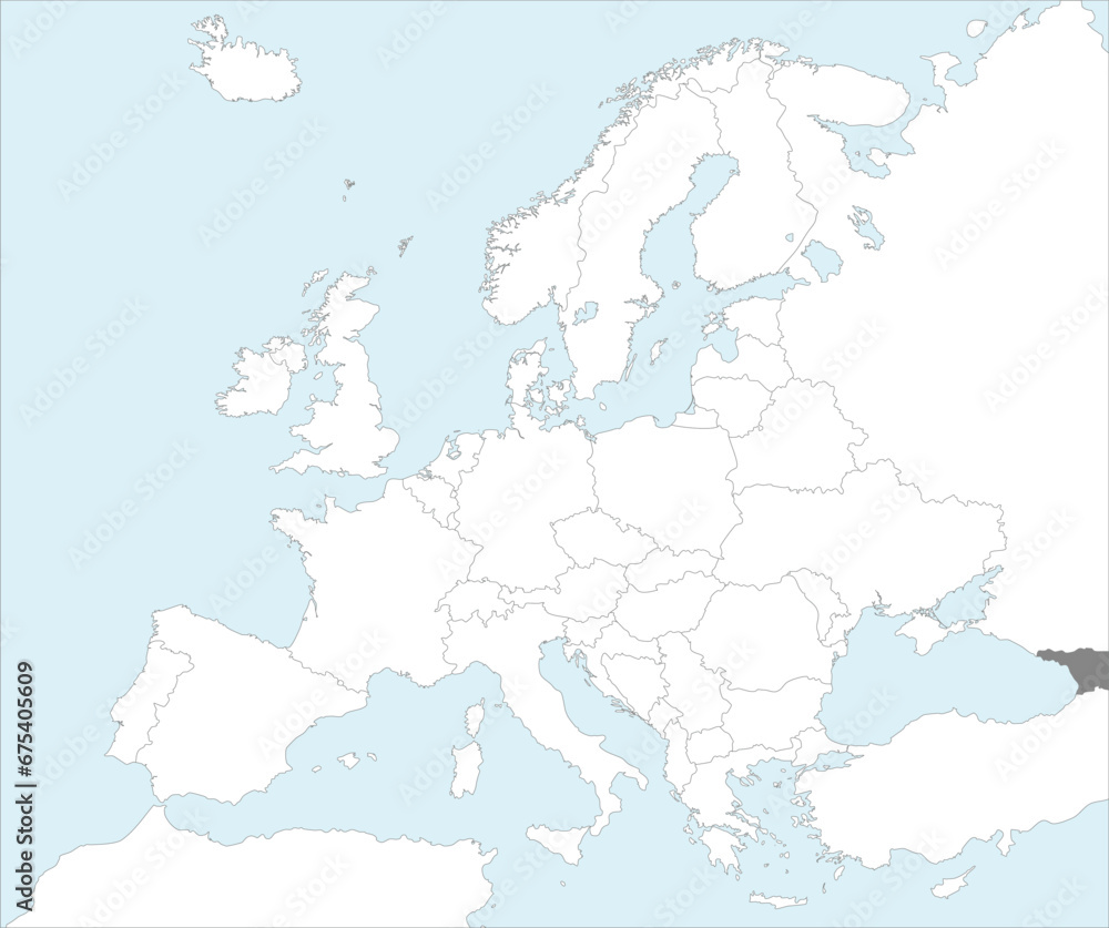 Gray CMYK national map of GEORGIA inside detailed white blank political map of European continent on blue background using Mollweide projection