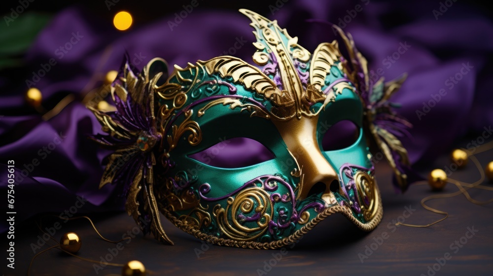 Festive Mardi Gras, Venetian or carnival mask on a dark purple background Festive Mardi Gras, Venetian or carnival mask on a dark purple background