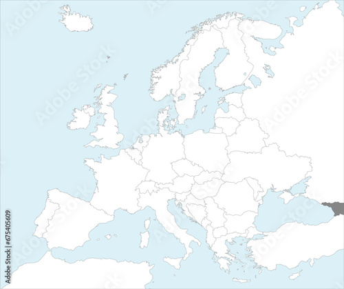 Gray CMYK national map of GEORGIA inside detailed white blank political map of European continent on blue background using Mollweide projection