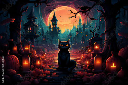 halloween background with orange scary pumpkins and bats. Black cat with yellow eyes against dark night sky. October season.  photo