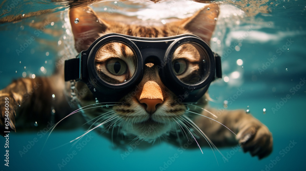 A cat with goggles swims underwater, generative AI