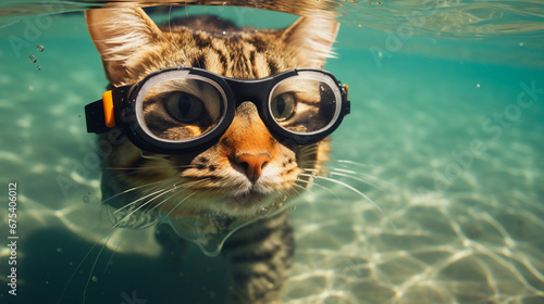 A cat wearing snorkeling goggles swims underwater, generative AI