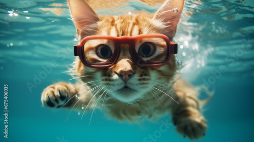 A cat with goggles swims underwater, generative AI