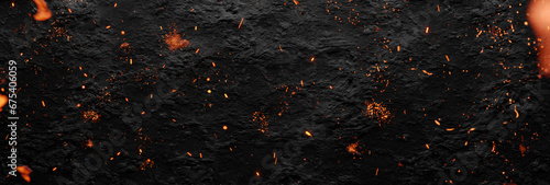 3D rendering of rocky black surface covered by flying fire particles