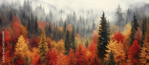 The background of the autumn forest was filled with the texture of colorful leaves showcasing a vibrant display of reds yellows and oranges with lots of towering fir trees