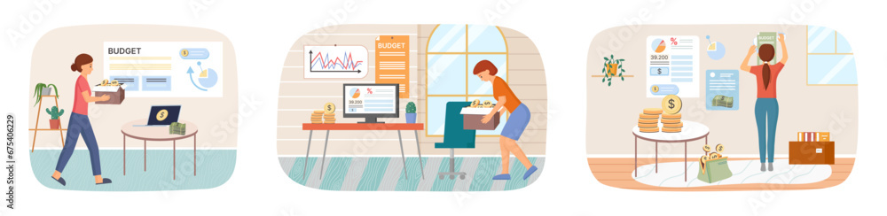 Fototapeta premium People analysis budget. Calculate financial plan of save income and expense management. Family budget, divides items of expenditure. Finance control, date, finance, moving budget. Move flat appartment