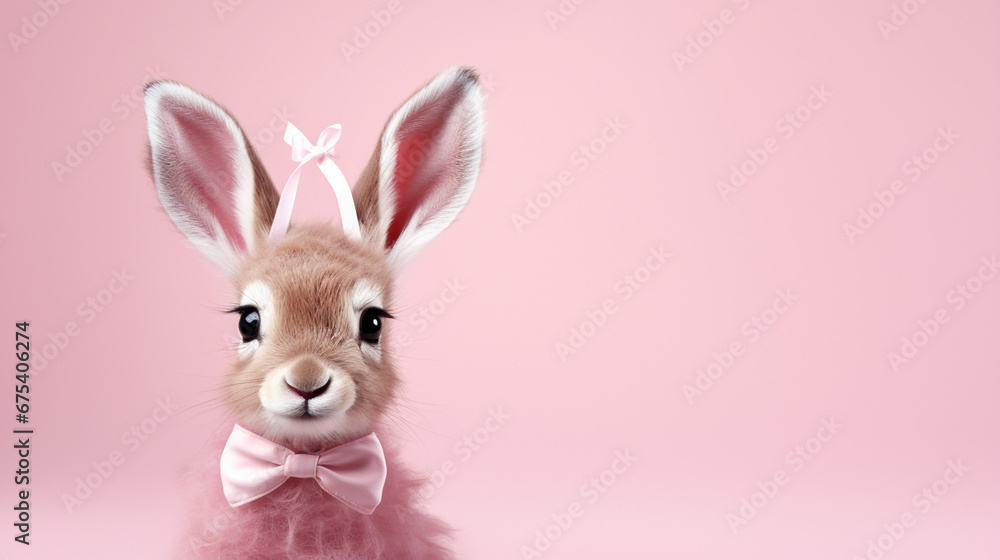 Fototapeta premium A cute rabbit with fluffy ears stands on a pink background, generative AI