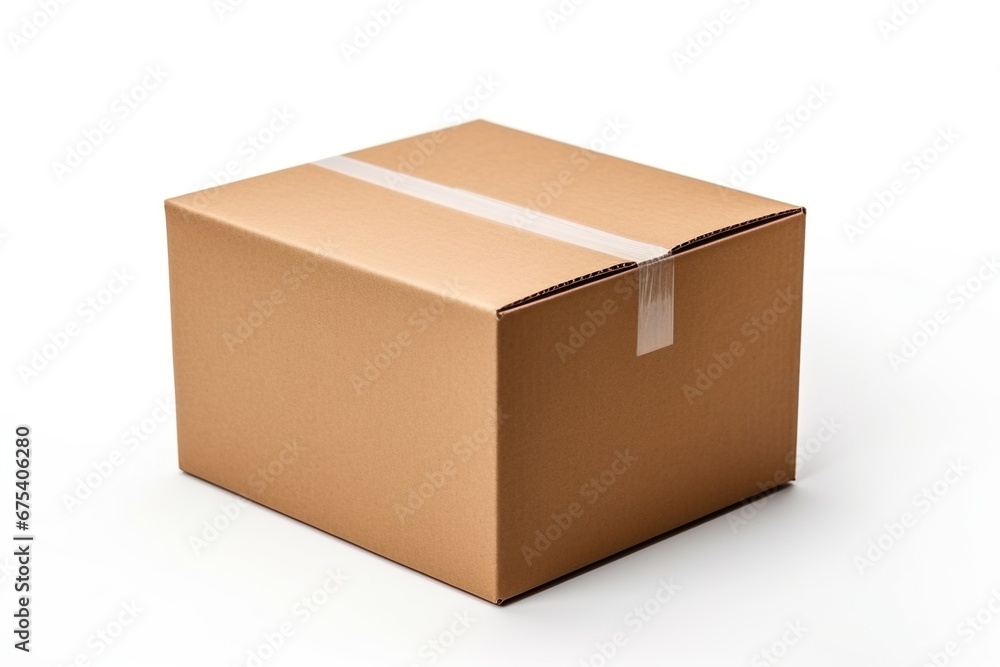 Delivery moving package and gifts concept. Paper beige box isolated on white background