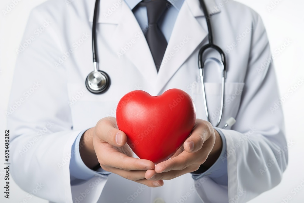 Doctor with the stethoscope holding red heart shape in hand. Cardiology, insurance healthcare and medical concept
