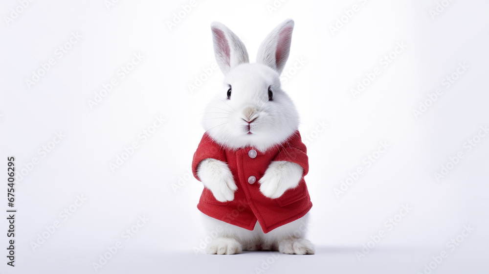 White fluffy bunny in Santa suit standing on white background, generative AI White fluffy bunny in Santa suit standing on white background, generative AI