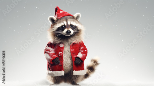 A raccoon in a Christmas costume, a picture for the holidays, generative AI