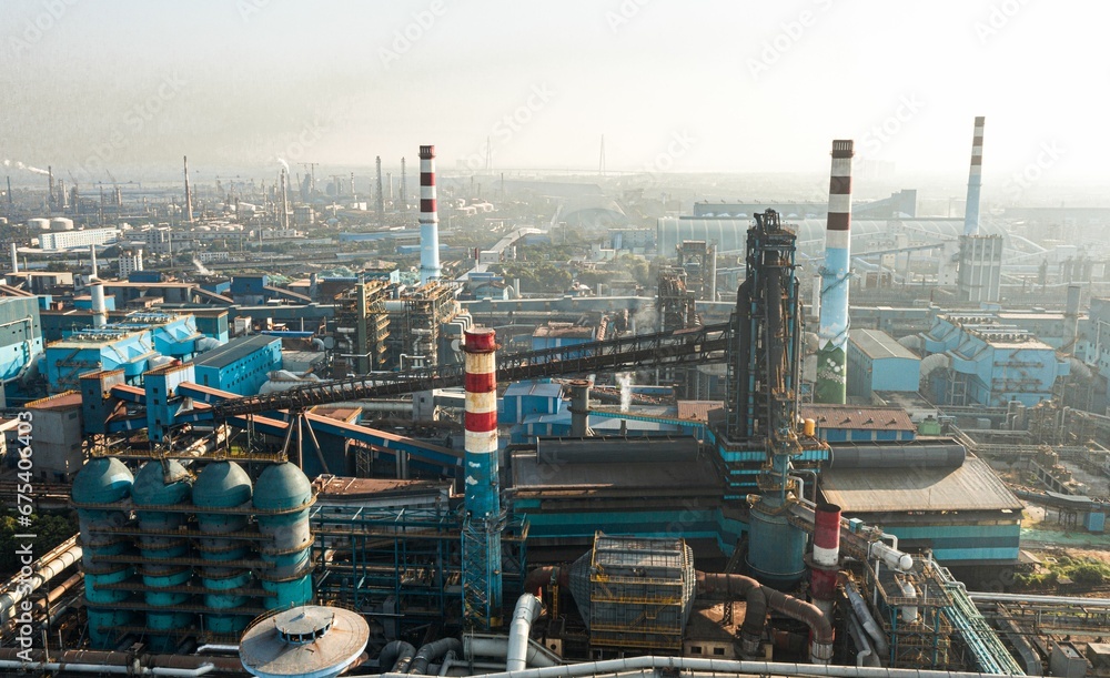Aerial view of the Wuhan Iron and Steel Plant in the early morning hours.