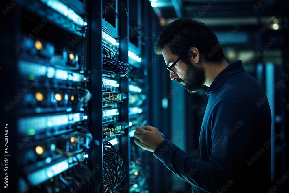 Male IT engineer servicing computer hardware in modern rack room, providing critical IT support for business operations Male IT engineer servicing computer hardware in modern rack room, providing critical IT support for business operations