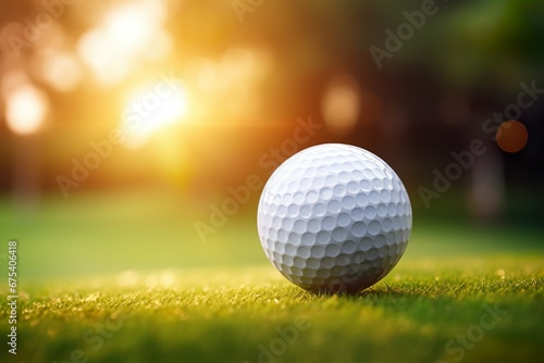 Close-up of golf ball on green grass of golf course, sunny day, blurred backdrop