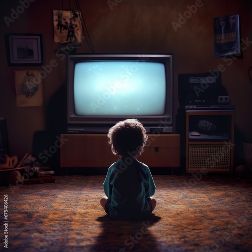Back view of a little boy sitting in front of tv. Child watching television in dark living room