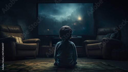 Back view of a little boy sitting in front of tv. Child watching television in dark living room photo