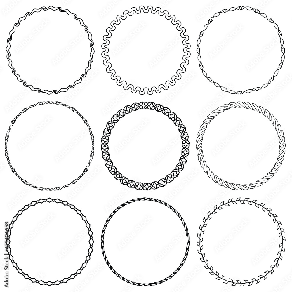 Set of decorative vintage openwork circle frames. Ornate round border on white background. Classic style pattern. Vector illustration - obrazy, fototapety, plakaty 