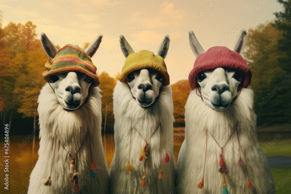 Drei Lamas mit Strickmützen, Three llamas with knitted hats