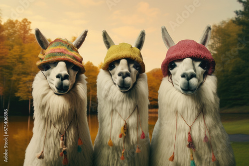 Drei Lamas mit Strickmützen, Three llamas with knitted hats © Gabi D