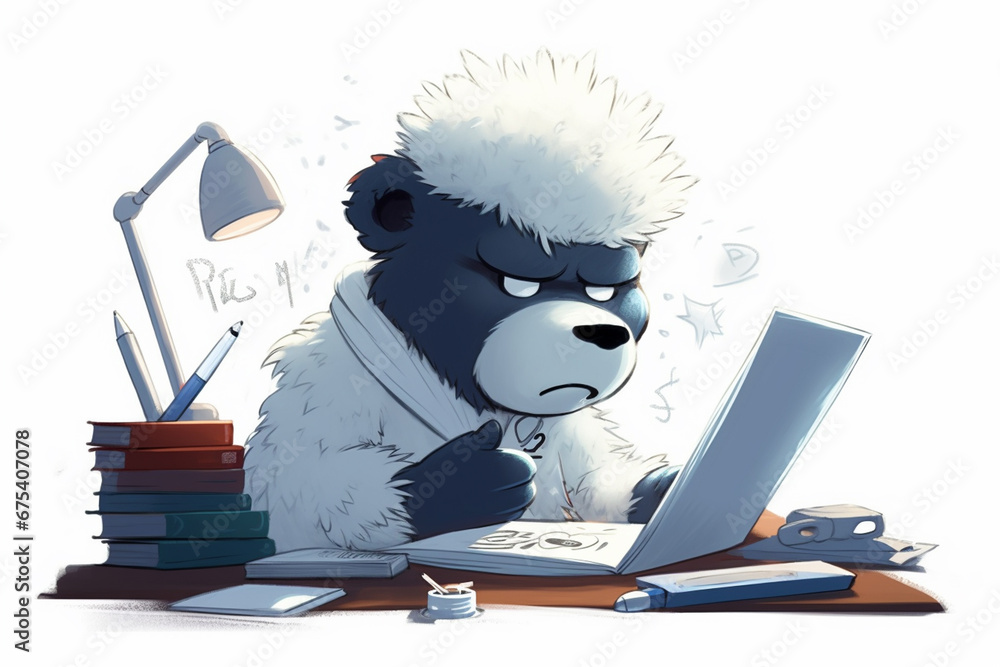 Teddy bear with glasses and a book on a white background.