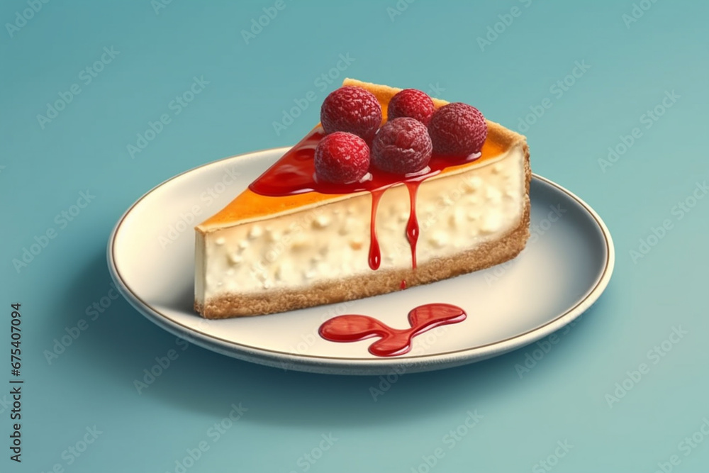 Piece of cheesecake with raspberries on a blue background