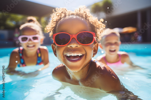 Multi-ethnic children having fun in a pool in summer