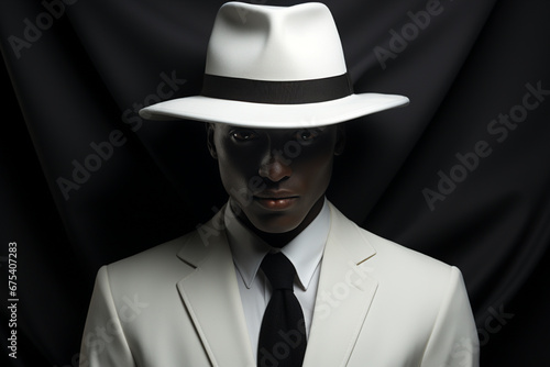 Monochromatic Elegance: White Suit and Black Jacket with Hat Canvas Art