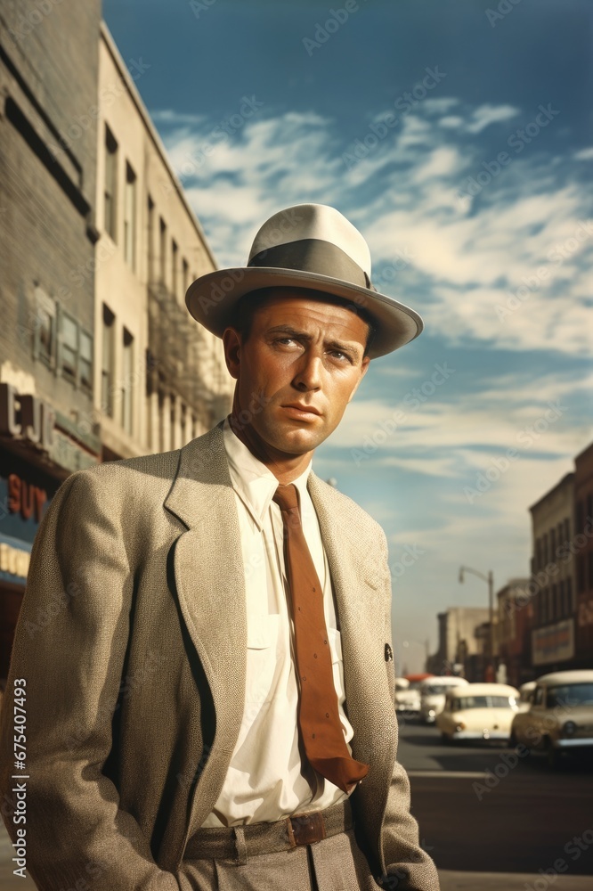 Portrait of a 1950s businessman standing in a small town street. Portrait of a 1950s businessman standing in a small town street.