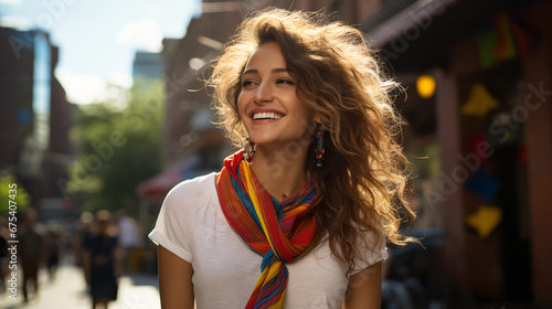 This image captures the essence of contemporary urban life, featuring a radiant young woman with a captivating smile as she strolls through vibrant city streets.