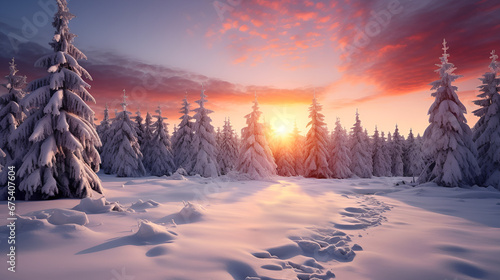 Pine forest covered with snow, winter landscape at sunset. Snow-covered fir trees in a natural beauty scene. Christmas and New Year greeting card background. Wallpaper, background, texture