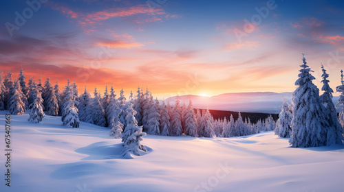 Pine forest covered with snow, winter landscape at sunset. Snow-covered fir trees in a natural beauty scene. Christmas and New Year greeting card background. Wallpaper, background, texture © Massimo Todaro
