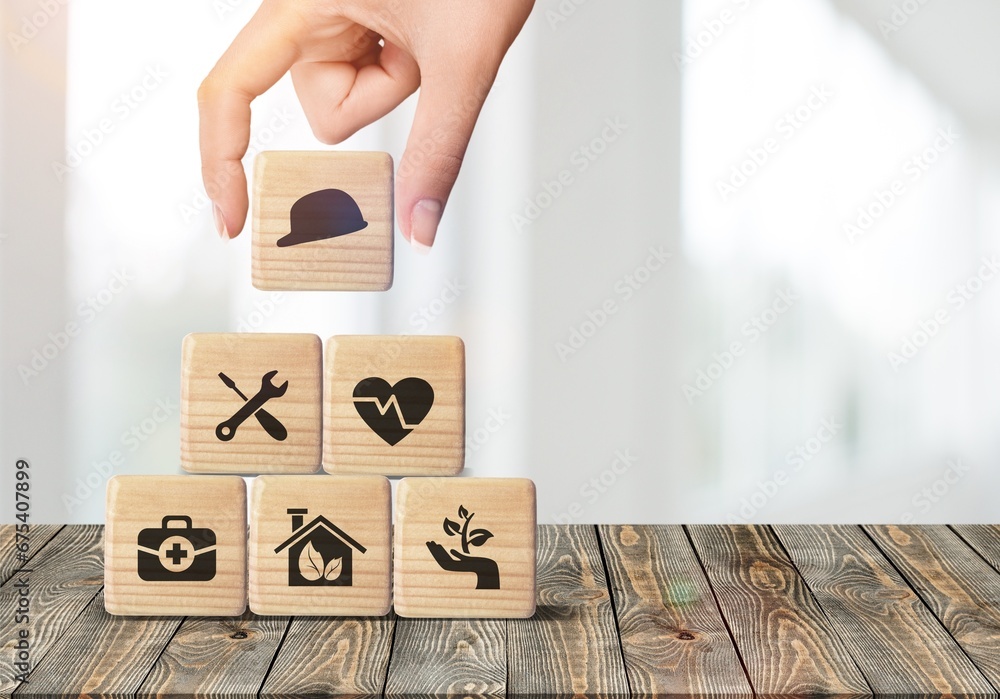 Health safety education icons on wooden cube - obrazy, fototapety, plakaty 