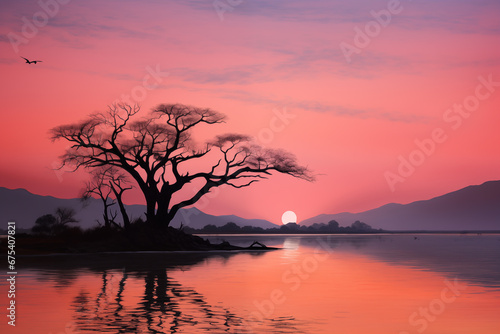 Serenity Unveiled: Salmon Sunset, Lake and Majestic Mountain Ranges with Lone Bare Tree Silhouette  © AbstractHeisenberg