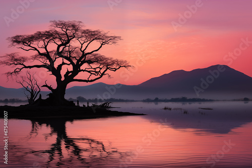 Serenity Unveiled: Salmon Sunset, Lake and Majestic Mountain Ranges with Lone Bare Tree Silhouette 